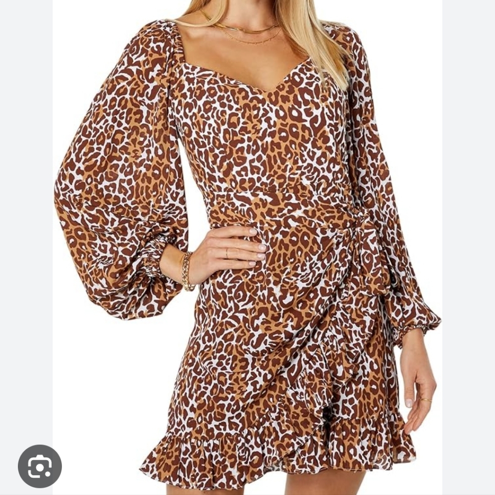 Lilly Pulitzer Lila Leopard Print Bishop Sleeved Chiffon Faux Wrap Dress